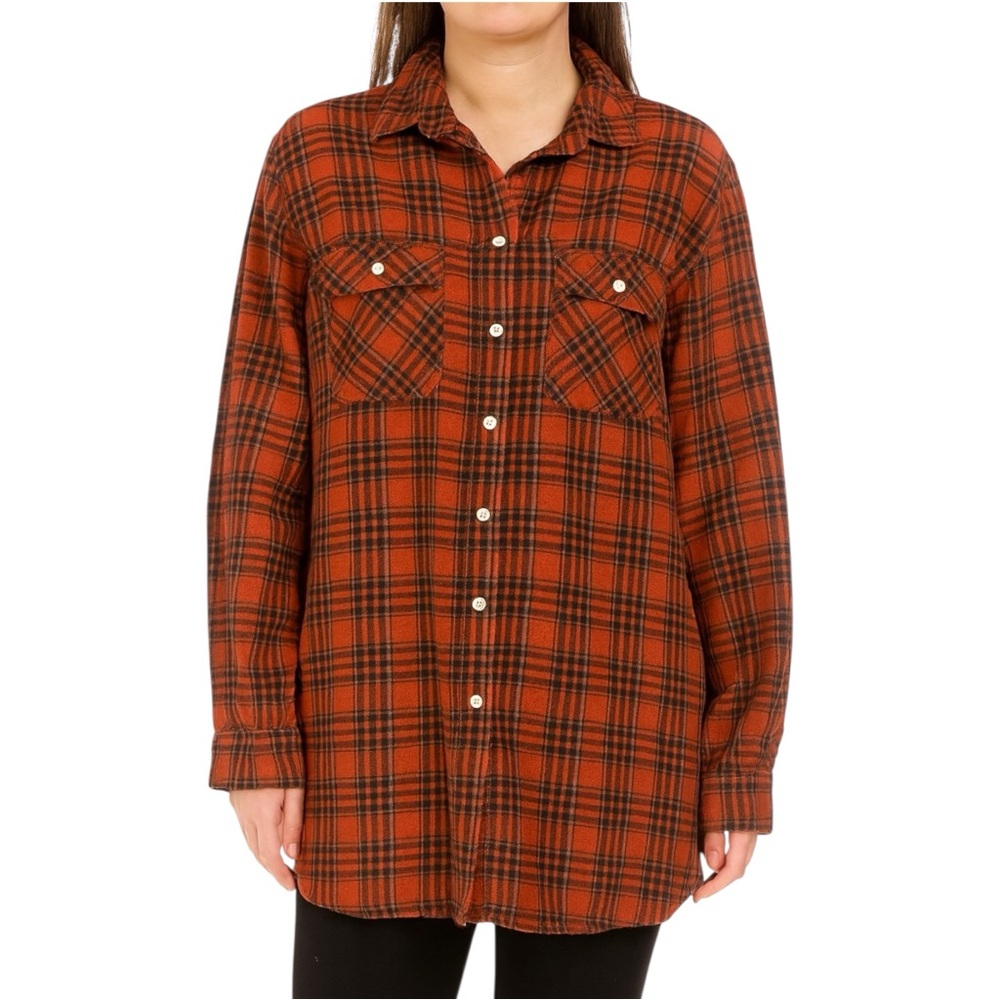 Flannel Boyfriend Fit Button Down Size XXL Long Sleeve Orange Casual Cotton Fall